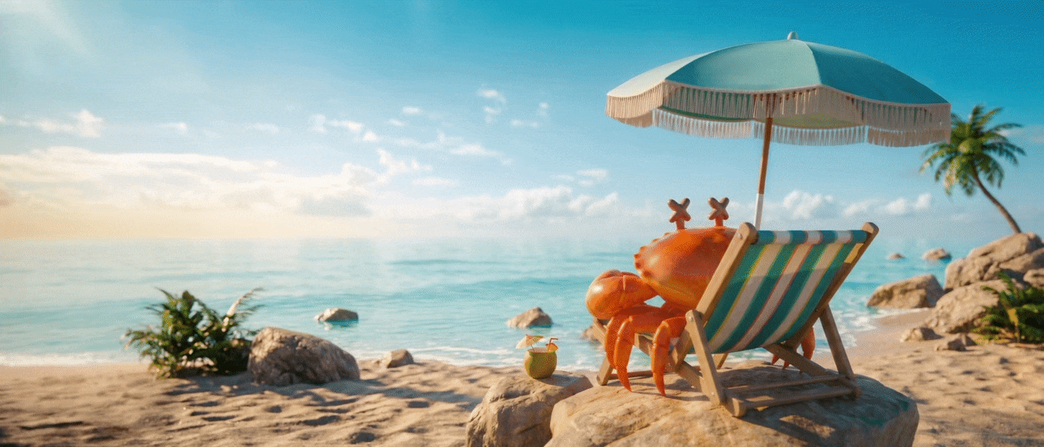 Crab Lab Studio mascot relaxing in a beach chair