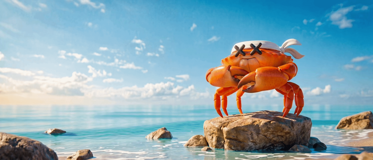 Crab Lab Studio mascot standing on a rock at sea